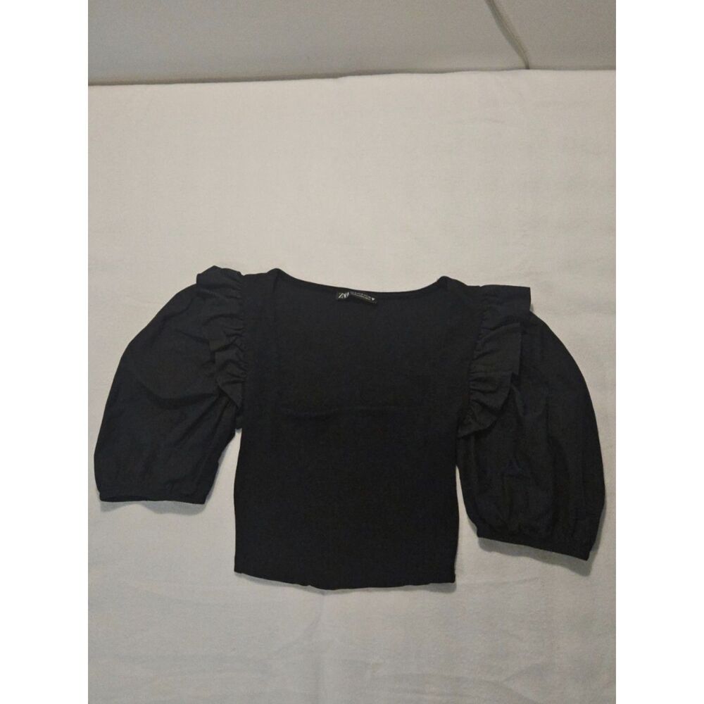 Zara‎ Womens Small Black Ribbed Square Neck Ruffle Balloon Puff Sleeve Top